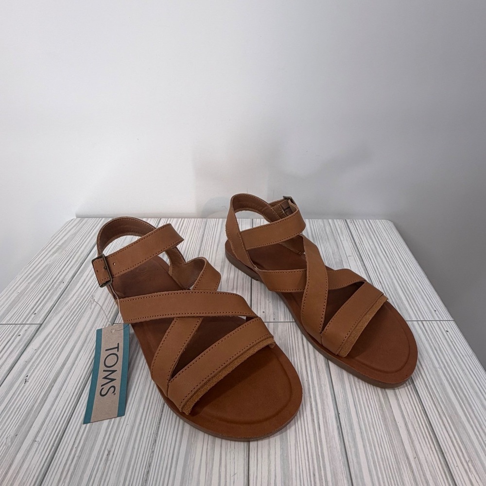 TOMS Sloane Tan Brown Leather Strappy Sandals Women's Size 7